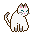 Six pixel-art cat icons in a , each with white fur, brown outlines, pink inner ears, and blue eyes on gray background