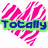 A heart-shaped icon with pink and white stripes, featuring the word 'Totally' in blue text on a green background.