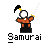 Pixelated character in orange and black attire holding a sword with a white blade and yellow hilt, standing against a gray background with 'Samurai' text below.