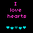 Pixelated text 'I love hearts' in pink above five cyan hearts with one teal heart, displayed on a black background.