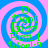 Four identical spiral-patterned icons with blue and pink concentric rings and green text overlays, arranged in a on a solid blue background