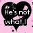 Black heart-shaped icons on pink background with white text reading "He's not what I thought he was." in pixelated font.