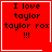 Red square icon with black pixelated text reading "I love taylor taylor rox !!!" and white border, featuring a small white heart in top-right corner.