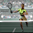 Animated sequence of a tennis player in green shirt and beige skirt holding racket, moving across court with ball visible.