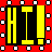 Pixelated yellow text 'HI!' on black rectangles against red background with white border dots.