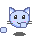 Pixelated blue cat head with pink cheeks, black eyes, and gray whiskers in two expressions: smiling with open eyes and winking with one eye closed and a question mark above.