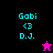 Pixelated icon with cyan text 'Gabi <3 D.J.' on black and purple backgrounds, featuring a pink star in one frame and a black star in another.