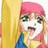 Pixelated static image of a cartoon character with pink hair and green eyes wearing a blue top against a yellow background.