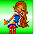 Pixelated cartoon character with long brown hair, blue top, red polka-dot pants, and a green background; text changes from 'Baby' to 'Bling!!!'