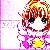 Pixelated avatar with brown hair, large eyes, and a yellow star on a purple garment against a light pink background.