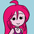 Pixelated character with long pink hair, light skin, and a purple top against a light blue background.