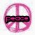 A static image shows three distinct icons: a pink peace symbol with 'peace' text, a golden heart with 'love', and a green smiley face with 'happiness'.