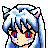 Pixel art contact sheet of a blue-haired anime character with cat ears across eight frames showing facial expression changes.
