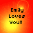 Four identical display 'Emily Loves You!!' text on a red-orange gradient background with yellow light effects