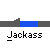 Pixelated character with white head and yellow body performs sequential actions above blue-gray platform on gray background, text "Jackass" below.