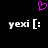 A black background displays two white 'yexi [:' text strings with a pink pixelated heart symbol above them.