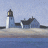 A lighthouse scene with white buildings and dark roofs on a sandy shore, repeated in a pattern with dashed and solid white borders