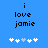 Blue background displays black text 'i love jamie' with white and light blue plus signs below, showing animation where light blue plus signs shift position across frames.