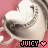 identical heart-shaped icons with metallic silver borders and pink backgrounds, each displaying 'JUICY' text in black and a small pink heart symbol