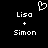 Pixelated white text and symbols on black background: two 'Lisa + Simon' pairs with a heart symbol above.