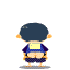 Pixelated character in dark blue outfit with yellow text on shirt, shown from multiple angles including front, back, and side views.