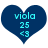 Two identical blue heart-shaped icons with cyan text and symbols, each displaying 'viola', '25', and '<3' in a pixelated style.