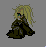 Pixel art character with long blonde hair and dark green cloak against gray background