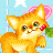 Pixelated orange cat with green eyes holds a red flower, pink heart-shaped ears, and white chest against light blue background.