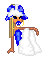 Pixelated avatar of a doll with blue-and-white headdress, blue dress, and white skirt, holding a white cloth, with visible animation change in left arm position.