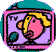 Pixelated TV-shaped icon with pink border, teal top, and purple screen showing a cartoon character's face turning left to right across frames.