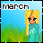 Pixel art animation of a blonde character in green dress with changing facial expressions across five frames, each labeled "MARCH" at top against blue sky and grass background.