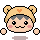 Pixel art character with bear-ear hat, gray hair, pink cheeks, and orange heart on headband; four variations show mouth expressions changing from mustache to open mouth.