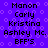 Static image with purple background and repeating light purple circles, displaying two identical vertical of black text listing names and 'BFF'S' in pixelated font