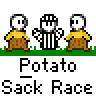A 4x4 contact sheet of pixel art frames showing a potato sack race animation with stick-figure characters in yellow shirts and brown pants, each frame labeled "Potato Sack Race" below the action.