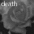 A grayscale pixelated image of a rose with the word "death" in white block letters at the top left, rendered as a static buddy icon.