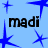Blue background with blue starbursts and three instances of the text 'madi' in black pixelated font.