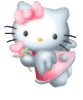 Hello Kitty avatar with pink bow, holding pink flower and pink shield-like object, light blue body, black whiskers, yellow nose, white face, gray background.