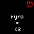 Red pixelated heart symbol above two identical white text blocks on black background, each containing 'ryro', '=', and '<3' symbols.
