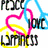 Pixelated graphic with multiple sections: a yellow smiley face, colorful hearts, 'Peace' text, and a of peace symbols in various colors