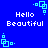Blue background with white pixelated text 'Hello Beautiful' and cyan square-based geometric shapes in four corners.