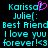 Pixelated cyan text on black background with pink heart symbol replacing 'o' in Karissa, showing identical static display.