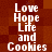 White pixelated text "Love Hope Life and Cookies" arranged in vertical on a brown checkered background