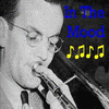 Black-and-white photo of a person playing a brass instrument with blue text 'In The Mood' and yellow musical notes on the right.