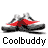 Animated contact sheet of a shoe icon with red accents, showing sequential motion across eight frames arranged in three rows on a white background.