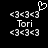 Pixelated black-and-white icon with repeated '<3' symbols, 'Tori' text, and a heart symbol above the top-left '<3' sequence.