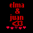 Red pixelated text 'elma & juan 43' on black background with pink star-like shapes, two versions differ in star coloration.