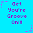Pixelated text "Get You're Groove On!!!" repeated in a with pink stars on cyan background
