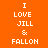 Four pixelated display text "I LOVE JILL & FALLOM" in white on orange, green, green, and olive backgrounds