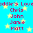 Pixelated text and names on a bright blue background with yellow stars, featuring repeated 'Oddie's Lov' and four names in red.