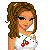 Pixel art contact sheet showing multiple frames of a cartoon woman in shopping-themed outfits with cherry motifs and pink text elements.